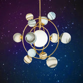 Artistic glass globe chandelier with circular design and planet motifs