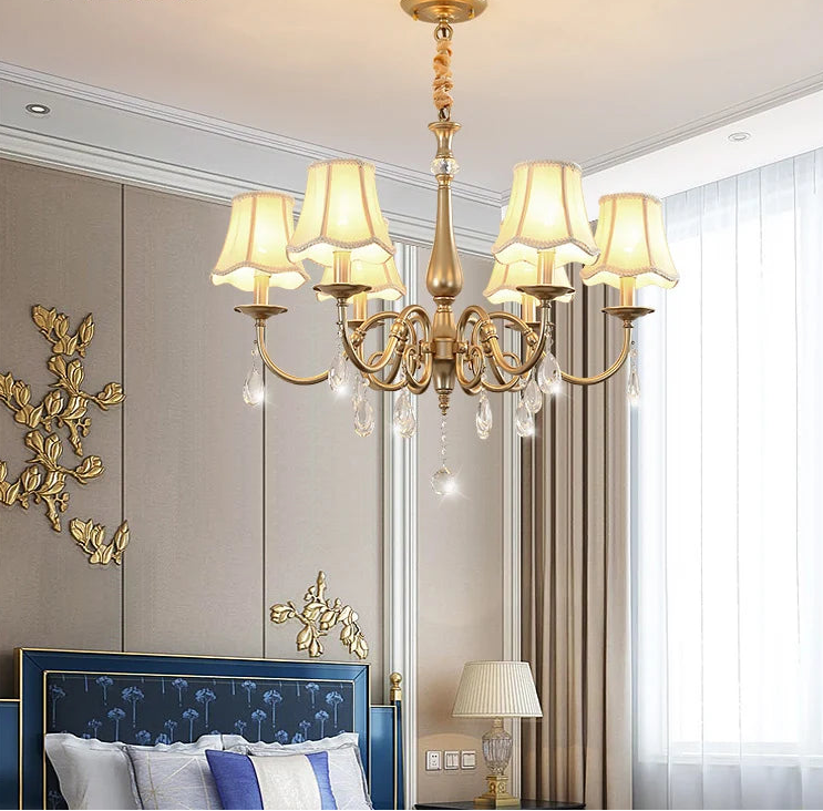 “Crystal gold chandelier with fabric lamp shades for living room”