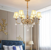 “Crystal gold chandelier with fabric lamp shades for living room”