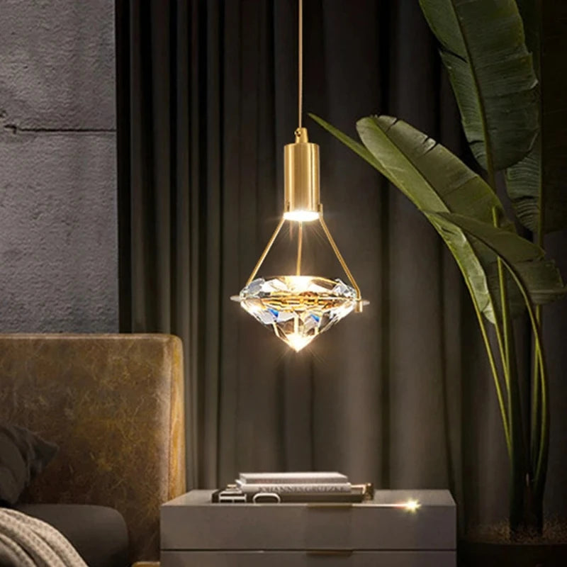 “Crystal LED gold pendant lamp for bedside or kitchen”