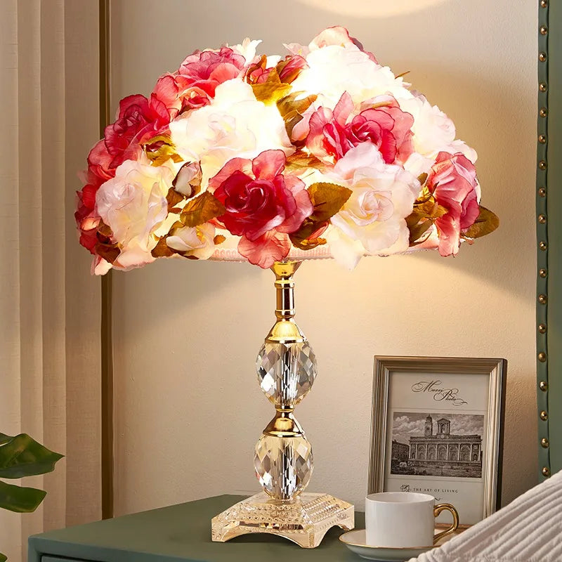 “Crystal rose table lamp for bedside or desk, modern brushed nickel base”