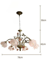 Brass Chandelier with Pink Rose Ceramic Buds and Frosted Glass Shades