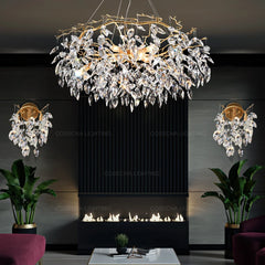 Luxurious chandelier with crystal accents in a modern living room setting.