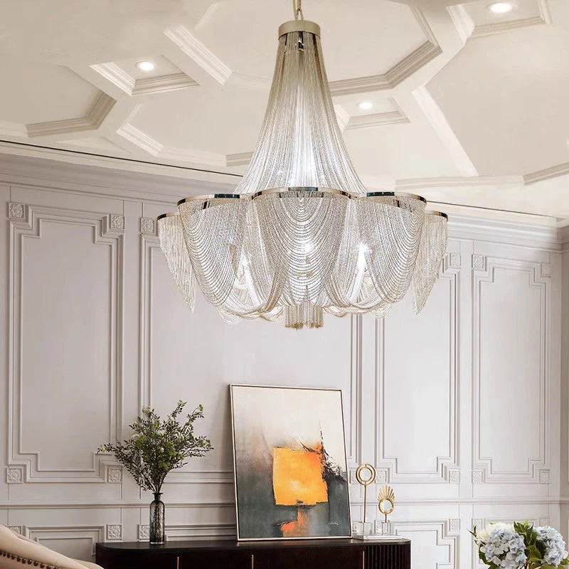 Chain tassel chandelier pendant light with a draped sculptural design
