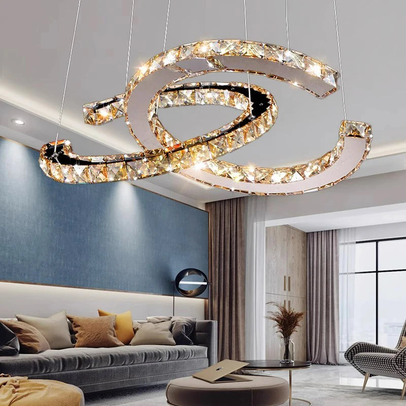 “Dimmable LED crystal pendant ceiling light in a bedroom”