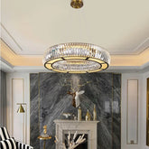 “Dimmable LED ceiling light with gold finish crystal rings”