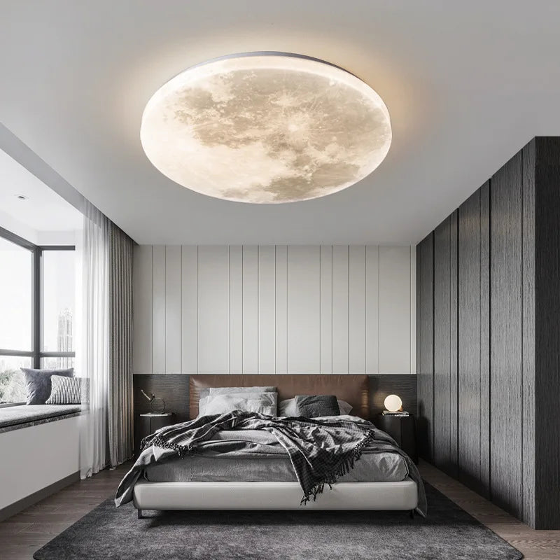 Modern bedroom with a large moon-shaped ceiling light fixture. Dimmable E27 round moon ceiling light for modern home decor .