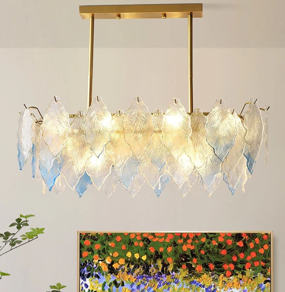 Dimmable LED semiflush glass chandelier adding warmth in a cottage dining space