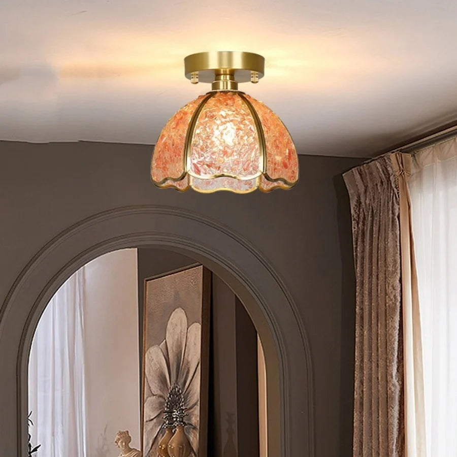 Luxury pink glass flush ceiling fixture, easy install for bathroom or dining room.