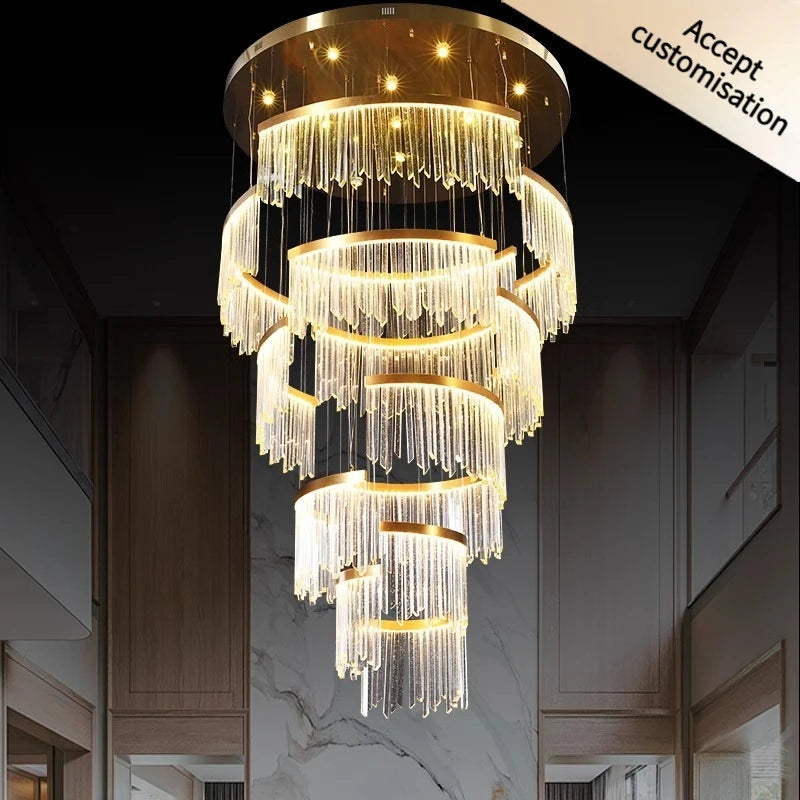 Modern staircase chandelier with hollow layered ring silhouette