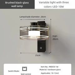 Brushed black-glass wall lamp with dimensions and specifications on a gray background