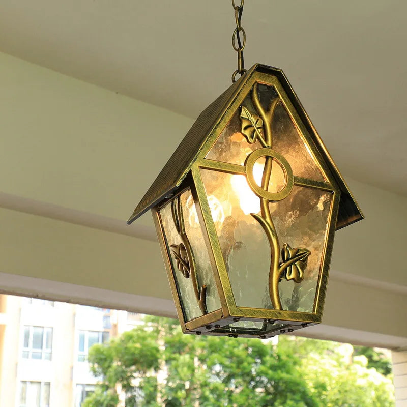 “Farmhouse waterproof porch lantern with stripped glass shade for entryways”