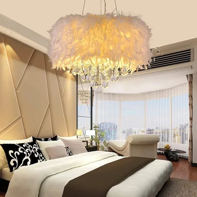 “Feather crystal chandelier pendant for modern bedrooms, Liglite”