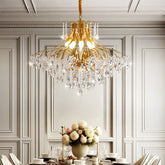 French crystal chain pendant chandelier illuminating a classic dining room