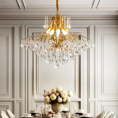French crystal chain pendant chandelier illuminating a classic dining room