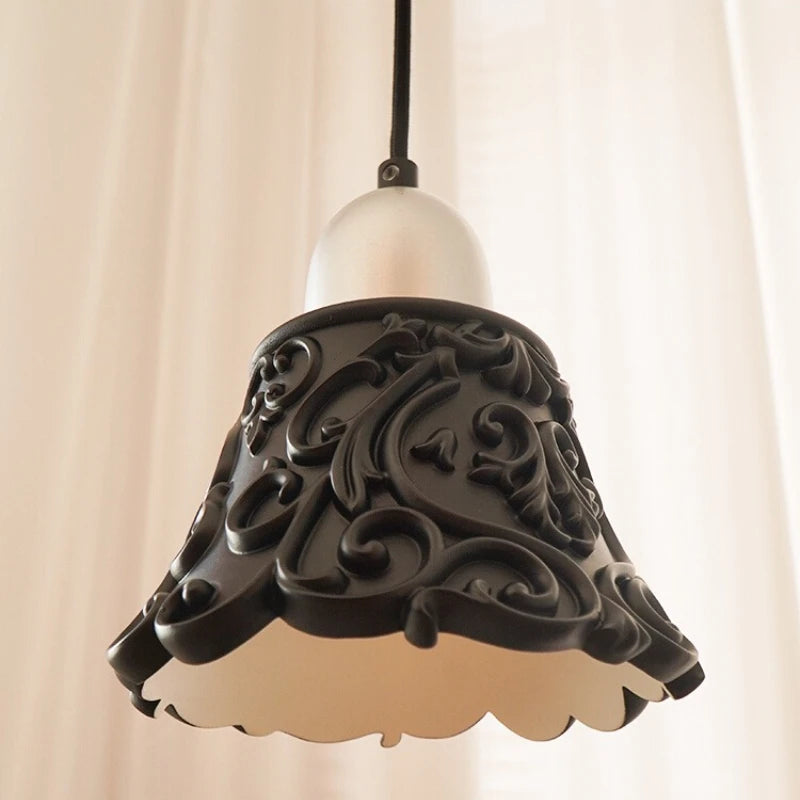 “French retro black carved pendant lamp with LED bulb”