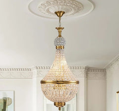 “French vintage crystal chandelier, antique brass, globe empire, E14, 3-year warranty”