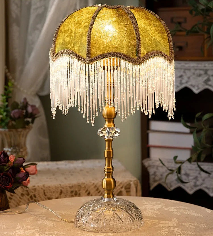 “French vintage gold tassel table lamp with dimmable LED and crystal base”
