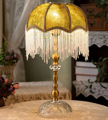 “French vintage gold tassel table lamp with dimmable LED and crystal base”