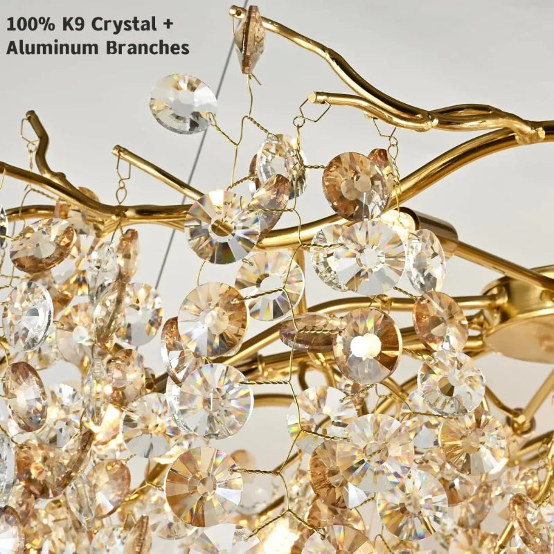 Chandelier with gold branches and crystal elements on a white background