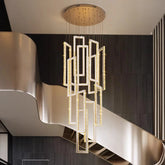 “Geometric crystal stair chandelier, modern dimmable LED, remote/touch, 3-year warranty”
