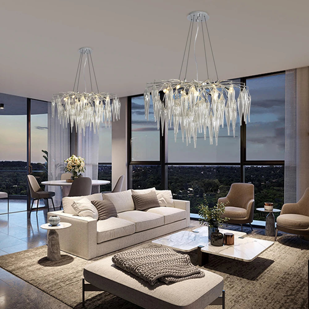 “Modern ceiling chandelier with cascading clear glass, Liglite”