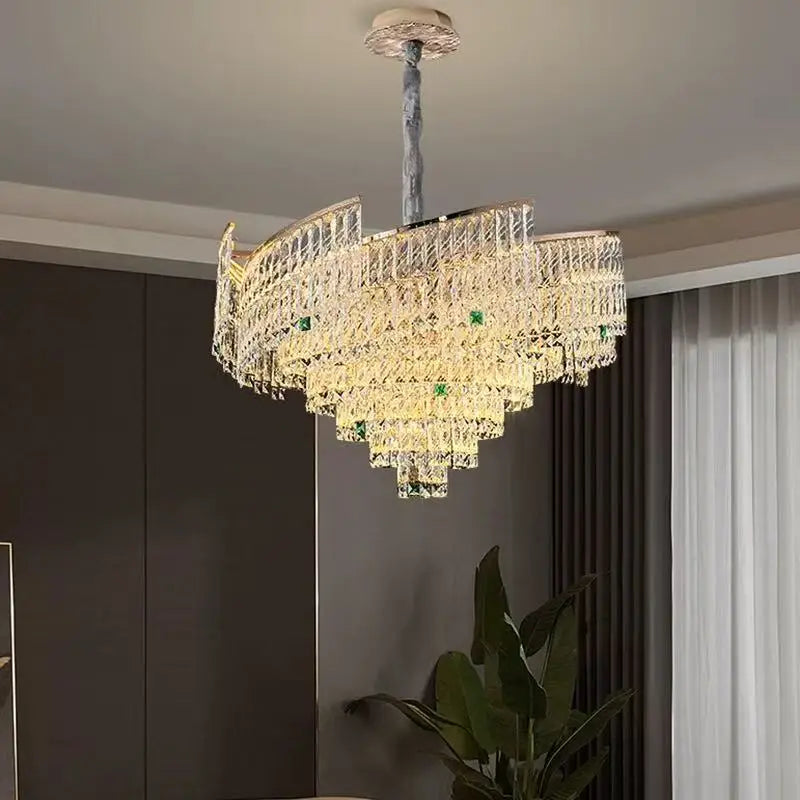 “Grand LED ceiling light with multi-tier crystal arrangement”