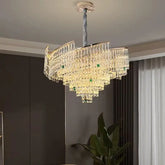 “Grand LED ceiling light with multi-tier crystal arrangement”