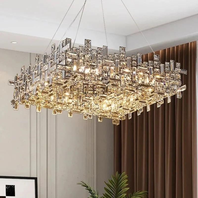 “Contemporary crystal and steel chandelier for large interiors”