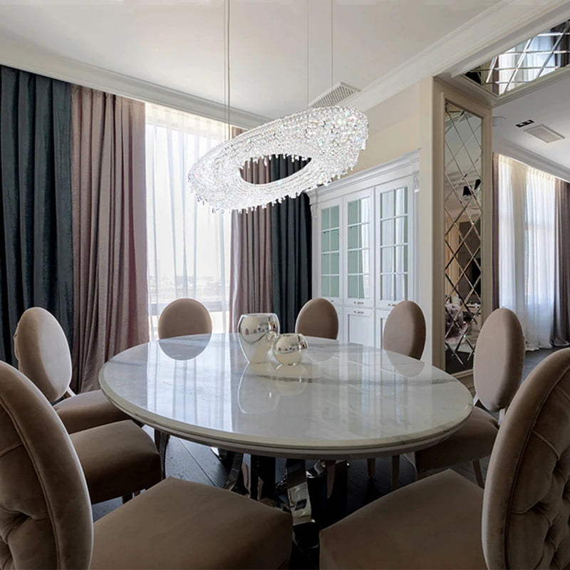 “Grand living room LED chandelier with sparkling crystal rings”