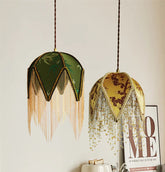 “Green floral cloth pendant lamp, Liglite vintage style”