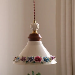 “White ceramic kitchen pendant lamp, hand-applied rose design, E27, DIY install”