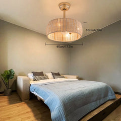 “Handwoven flush mount fan lamp with natural rattan shade”