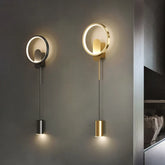 Hanging bedside wall light with circular wall mount and dual LED spotlights