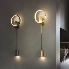 Hanging bedside wall light with circular wall mount and dual LED spotlights
