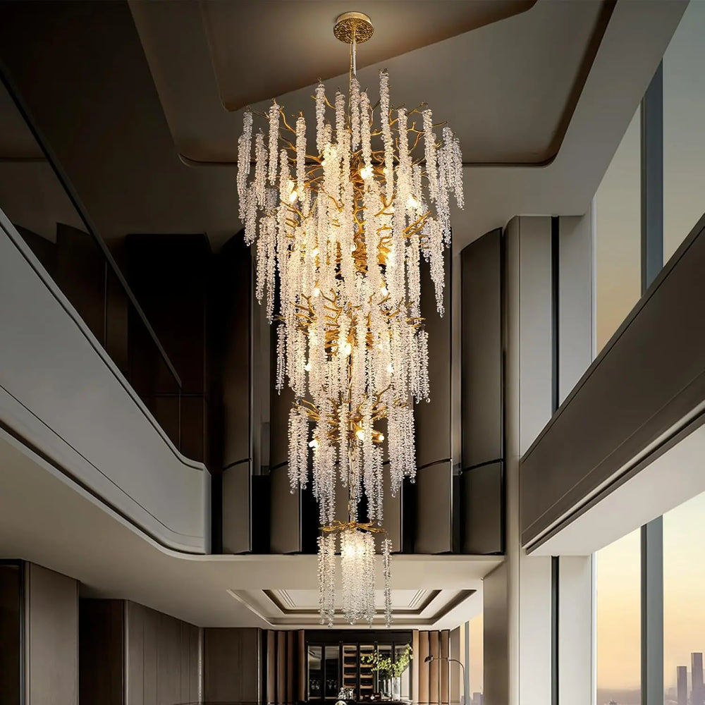 Staircase chandelier with polished chrome finish and crystal detailing