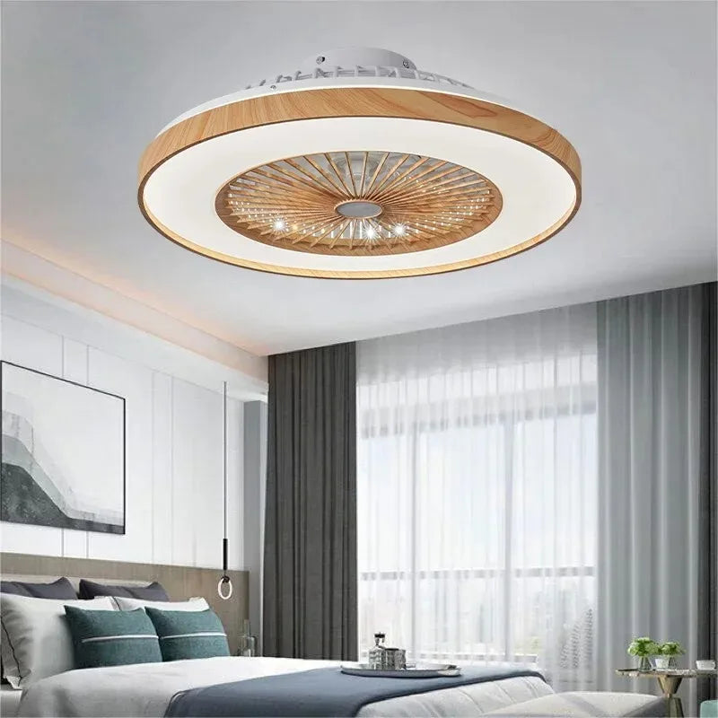 Wood grain color ceiling fan lamp with LED in a small living space