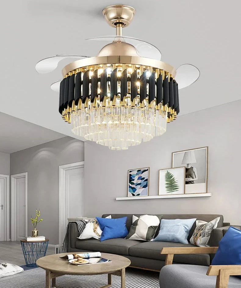 Elegant crystal fan lamp with polished finish and remote control