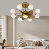 Modern chandelier in a living room setting with neutral decor