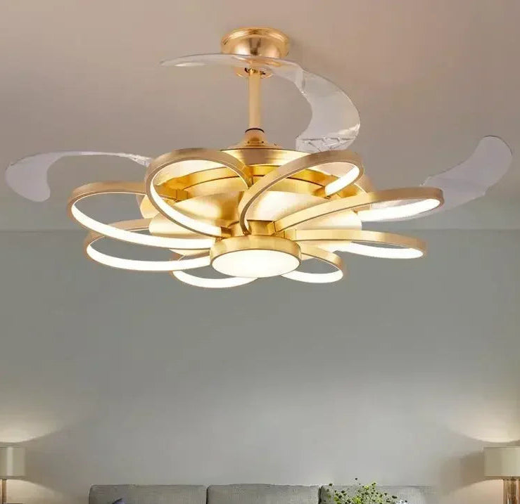 Modern ceiling fan with light fixture in a living room setting