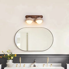 “Wood and natural stone wall lamp styled for a minimalist bathroom or bedroom.”