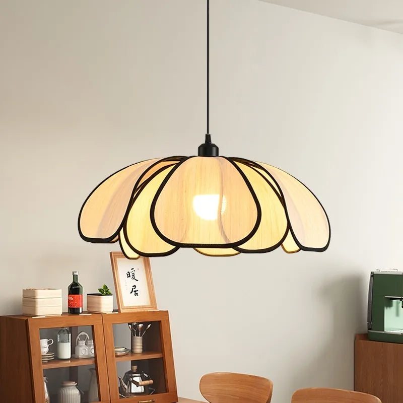 “Japanese rattan pendant light with bamboo petal lampshade”