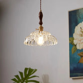 “Japanese retro glass pendant light with wooden finial, E27 LED included”