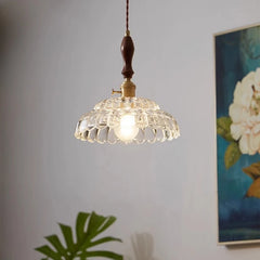 “Japanese retro glass pendant light with wooden finial, E27 LED included”