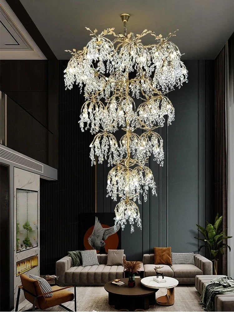 Large crystal cascade chandelier with tree branch design for lobby and villa living room lighting