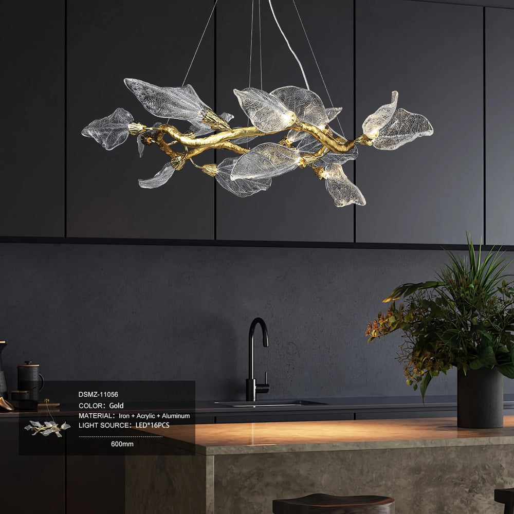 Leaf pendant chandelier with sculptural resin shade and cord hanging