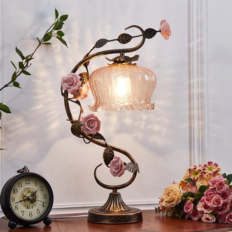 “LED floral table lamp with elegant antique finish”