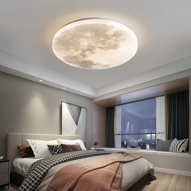 Ceiling light fixture shaped like the moon in a bedroom setting. Liglite LED lunar ceiling lamp with manufacturer's warranty and moon effect
