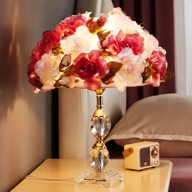 “Liglite crystal table lamp with floral rose lampshade for bedrooms”