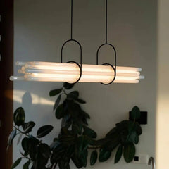Linear hanging pendant lamp with metal body for dining table illumination
